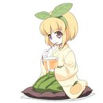  blonde_hair cushion eating food food_themed_clothes fruit full_body green_hakama hair_ornament hairband hakama japanese_clothes kimono leaf_hair_ornament lowres mandarin_orange mii-tan pudding purple_eyes seiza short_hair simple_background sitting solo spoon spoon_in_mouth takahata_yuki white_background zabuton 