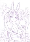  animal_ears bangs bare_shoulders blunt_bangs breasts bunny_ears cleavage facial_mark hair_over_breasts hasaha japanese_clothes kimono kusanagi_tonbo lineart long_hair medium_breasts monochrome open_clothes pointy_ears sketch solo summon_night summon_night_2 undressing 