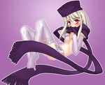  blush fate/stay_night fate_(series) feet garter_belt hat illyasviel_von_einzbern legs lingerie no_panties purple_background purple_hat purple_scarf red_eyes scarf solo thighhighs underwear 