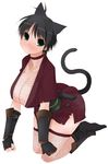  aka_ume animal_ears breasts cat_ears cleavage copyright_request fishnet_legwear fishnets gloves huge_breasts japanese_clothes kimono ninja short_kimono solo tail thighhighs 