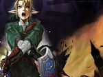  blonde_hair blue_eyes earrings jewelry link male_focus master_sword nekkeau pointy_ears rain shield solo sword the_legend_of_zelda the_legend_of_zelda:_twilight_princess weapon wet 