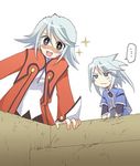  1girl blue_eyes coat genius_sage happy jacket refill_sage shirt siblings silver_hair smile stairs stone surprised tales_of_(series) tales_of_symphonia 