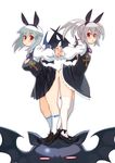  animal_ears aqua_hair ass ass-to-ass bat bat_ears bat_wings blush breasts cleavage dress hairband holding_hands kneehighs loafers mary_janes medium_breasts multiple_girls original ponytail red_eyes ryoji_(nomura_ryouji) shoes silver_hair skirt small_breasts thighhighs wings zettai_ryouiki 
