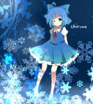  ahoge arms_behind_back blue_eyes blue_hair bow character_name cirno dress hair_bow one_eye_closed pleated_skirt skirt smile snowflakes solo tapa touhou 