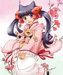  animal_ears asa_no_ha_(pattern) black_hair blush bow cherry_blossoms closed_eyes flower fox_ears hair_bow hair_ribbon hands_clasped japanese_clothes kimono long_hair mamezou_(otome_youkai_zakuro) micha_(chaho) obi open_mouth otome_youkai_zakuro own_hands_together purple_eyes ribbon sash sharp_teeth smile solo teeth twintails youkai zakuro_(otome_youkai_zakuro) 