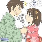  1girl artist_request brown_hair floral_print green_kimono japanese_clothes kimono kyon lowres oekaki pink_kimono print_kimono short_hair suzumiya_haruhi suzumiya_haruhi_no_yuuutsu yukata 