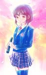  blazer bob_cut brown_eyes brown_hair cherry_blossoms dusk graduation jacket jpeg_artifacts miniskirt original osamu plaid plaid_skirt school_uniform short_hair skirt solo tears thighhighs zettai_ryouiki 