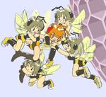  antennae bee_girl brown_hair honeycomb_(pattern) honeycomb_background hornet hornet_girl insect_girl monster_girl multiple_girls original pukao short_hair wings 