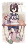  bleeding blood brown_hair bug butterfly desk flower ghost insect kitaya original red_eyes school_uniform short_hair sitting skirt slippers solo stitches triangular_headpiece vase 