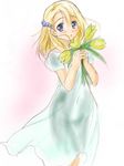  blonde_hair blue_dress blue_eyes bouquet chisato_(missing_park) dress flower hair_ornament hairclip holding looking_at_viewer pink_background puffy_short_sleeves puffy_sleeves short_hair short_sleeves simoun simple_background sketch solo yun_(simoun) 