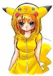  angry aqua_eyes artist_request blush cosplay costume gen_1_pokemon lowres orange_hair pikachu pikachu_(cosplay) pokemon pout simple_background solo white_background 