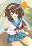  arm_support armband blue_sailor_collar brown_hair kita_high_school_uniform one_eye_closed open_mouth pointing pointing_up ribbon sailor_collar school_uniform serafuku sho_(aura) short_hair sitting skirt solo suzumiya_haruhi suzumiya_haruhi_no_yuuutsu yellow_eyes 