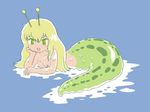  blonde_hair blue_background breasts chin_rest copyright_request green_eyes long_hair lying monster_girl nipples nude on_stomach open_mouth pukao slime slug small_breasts snail solo 
