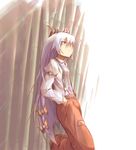  bamboo bamboo_forest bow forest fujiwara_no_mokou hair_between_eyes hair_bow hands_in_pockets juliet_sleeves long_hair long_sleeves looking_up nature ofuda pants puffy_sleeves red_eyes shirt solo sorano_eika standing suspenders touhou very_long_hair white_hair white_shirt 