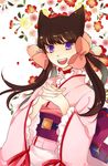  animal_ears bad_id bad_pixiv_id black_hair bow flower fox_ears hair_bow hair_ribbon hands_clasped japanese_clothes kimono long_hair naka_53 obi open_mouth otome_youkai_zakuro own_hands_together pink_bow purple_eyes ribbon sash smile solo twintails zakuro_(otome_youkai_zakuro) 