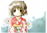  aoki_ume blush flower hair_ornament hidamari_sketch highres japanese_clothes kimono official_art smile solo x_hair_ornament yuno 