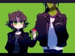  1girl ace_(ppg) age_difference banned_artist black_hair blush buttercup_(ppg) couple earphones green green_background green_eyes head_out_of_frame hetero jacket letterboxed lowres matsubara_kaoru mintchoco_(mmn2) powerpuff_girls_z short_hair 