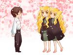  2girls alternate_hairstyle animal_ears barefoot black_hair blonde_hair blush bonbori cherry_blossoms flower fox_ears hair_down hanakiri_ganryuu hoozuki_(otome_youkai_zakuro) japanese_clothes long_hair multiple_girls otome_youkai_zakuro siblings sisters smile standing towako twins yellow_eyes younger 