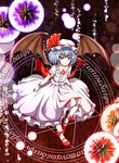  bat_wings blue_hair danmaku dress hat hexagram highres jitome magic_circle mary_janes mount_whip red_eyes remilia_scarlet shoes short_hair smile socks solo touhou white_legwear wings wrist_cuffs 