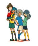  bad_id bad_pixiv_id brown_hair cosplay costume_switch endou_mamoru grin hair_over_one_eye highres holding inazuma_eleven inazuma_eleven_(series) inazuma_japan kazemaru_ichirouta kotatsuice little_gigant long_hair multiple_boys raglan_sleeves rococo_urupa short_hair smile soccer_uniform sportswear v white_background windy_fasuta 