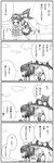  4koma bare_shoulders blush bow comic greyscale hair_bow hakurei_reimu hat kedamono_kangoku-tou kirisame_marisa monochrome multiple_girls sarashi touhou translated witch_hat yuri 