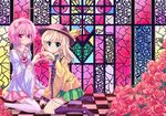  alternate_hair_color blonde_hair checkered checkered_floor flower heart heart_hands heart_hands_duo heart_of_string komeiji_koishi komeiji_satori multiple_girls pink_flower pink_hair pink_rose red_flower red_rose rose siblings sisters sitting smile stained_glass touhou tsukimiya_kamiko wariza wide_sleeves 