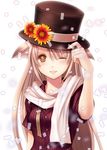  animal_ears banned_artist blush brown_eyes brown_hair confetti flower hat long_hair nacht one_eye_closed open_mouth original scarf solo top_hat 