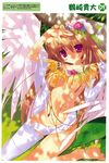  absurdres angel_wings barefoot breasts brown_hair dappled_sunlight elbow_gloves eyebrows_visible_through_hair flower gloves hair_flower hair_ornament hand_on_head highres long_hair looking_at_viewer navel original red_eyes single_glove single_thighhigh sitting small_breasts solo sunlight thighhighs tsurusaki_takahiro wariza white_gloves white_legwear white_wings wings 