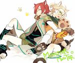  animal_ears blonde_hair cloak costume dylan_keith green_eyes inazuma_eleven inazuma_eleven_(series) kiyama_hiroto monster_hunter multiple_boys red_hair short_hair suou 