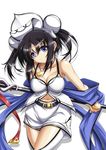  atelier_(series) atelier_iris atelier_iris_grand_phantasm bare_shoulders black_hair blue_eyes breasts cleavage hat head_tilt iris_fortner jewelry large_breasts navel necklace rod roura short_hair simple_background solo 