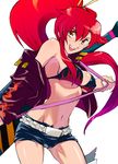  :d bikini_top breasts brown_eyes covered_nipples jacket long_hair medium_breasts navel nichiru off_shoulder open_mouth ponytail red_hair short_shorts shorts smile solo tengen_toppa_gurren_lagann underboob yoko_littner 