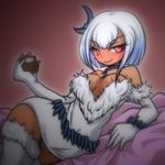  1girl absol artist_request bare_shoulders blush breasts cleavage dark_skin dress gijinka gloves hair_ornament jewelry lying moemon necklace on_side personification pokemon pokemon_(game) red_eyes shiratsuki short_hair smile solo thighhighs white_hair 