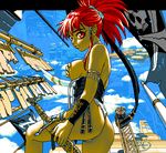  1girl 4bpp breasts game_cg green_skin lowres outdoors pirate pixel_art red_eyes scenery sky solo yellow_skin 