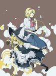  alice_margatroid blonde_hair blue_eyes boots braid capelet cross-laced_footwear haruichi_(sazanami_complex) hat jewelry kirisame_marisa lace-up_boots mini-hakkero multiple_girls ring short_hair string touhou witch_hat wrist_cuffs yellow_eyes 