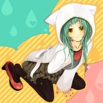  alternate_hair_length alternate_hairstyle aqua_hair bad_id bad_pixiv_id black_legwear cat_food_(vocaloid) hatsune_miku hiyo_kiki hood hoodie pantyhose shoe_dangle shoes short_hair solo striped striped_legwear vertical-striped_legwear vertical_stripes vocaloid yellow_eyes 