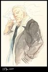  agahari batou blonde_hair cigarette cyborg ghost_in_the_shell ghost_in_the_shell_stand_alone_complex hand_in_pocket jacket male_focus ponytail smoke smoking solo white_hair 