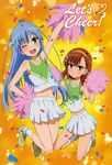  absurdres animage arm_up blue_hair brown_eyes brown_hair cheerleader confetti green_eyes hairband highres index kneeling long_hair misaka_mikoto multiple_girls non-web_source official_art one_eye_closed ootsuka_mai open_mouth pom_poms scan to_aru_majutsu_no_index very_long_hair 