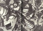  1girl arc_gurren-lagann chouginga_gurren-lagann couple drill greyscale gurren hetero highres lagann mecha monochrome nia_teppelin official_art open_mouth scan scan_artifacts shinagawa_hiroki simon tengen_toppa_gurren-lagann_(mecha) tengen_toppa_gurren_lagann 