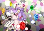 book crescent danmaku hat knife kumatoshi long_hair patchouli_knowledge purple_eyes purple_hair solo spell_card stained_glass touhou 
