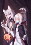  1109285578 1girl absurdres add_(elsword) candy chains cloak cosplay cuffs-to-collar elsword eve_(elsword) facial_mark food frankenstein&#039;s_monster frankenstein&#039;s_monster_(cosplay) halloween_costume highres lollipop long_hair pumpkin skull werewolf 