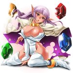  anklet arcana_heart breasts crystal curvy dark_skin elf jewelry large_breasts long_hair no_bra no_panties parace_l'sia pointy_ears shimusu side_slit solo thighhighs 
