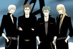  4boys aizen_sousuke arrancar belt bleach blonde_hair blue_eyes blue_hair bracelet brown_eyes brown_hair casual chains crossed_arms espada eyes_closed grimmjow_jaegerjaquez grimmjow_jaggerjack hair_between_eyes hands_in_pockets ichimaru_gin ilford_grantz jewelry long_hair male male_focus multiple_boys necklace necktie short_hair smile white_hair yilford_grantz yylfordt_granz 