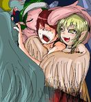  3girls blonde_hair blush breast_grab breasts feathers grabbing green_hair harpy licking lowres monster_girl multiple_girls nude pointy_ears red_hair wings yellow_eyes 