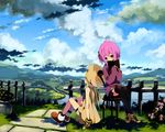  cloud day fence landscape multiple_girls original rugo sitting sky thighhighs 