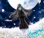  aocean brown_hair daisy detached_sleeves field flower flower_field full_moon gloves hair_over_one_eye happy_birthday moon night petals tales_of_(series) tales_of_the_abyss tear_grants thighhighs 