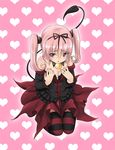  bare_shoulders blush breasts cleavage hands_on_own_chest heart heart_background kneeling long_hair nana_asta_deviluke okino_matsushiro pink_eyes pink_hair shy sitting small_breasts solo striped striped_legwear tail thighhighs to_love-ru twintails wariza 