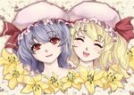  closed_eyes face fangs flandre_scarlet floral_background flower lily_(flower) multiple_girls portrait remilia_scarlet siblings sisters smile touhou yaua 