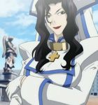  black_eyes black_hair bor_noelle breasts cloud cross cross_necklace female glove gloves large_breasts lipstick long_hair looking_at_viewer makeup outdoors sky smile solo standing statue trinity_blood 