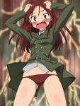  blush fang holding_head long_hair military military_uniform minna-dietlinde_wilcke monizumi_ishikawa open_mouth orange_hair panties red_hair solo strike_witches underwear uniform world_witches_series 