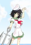  anchor black_hair green_eyes grin hat kumatoshi murasa_minamitsu sailor sailor_hat shorts smile solo touhou 